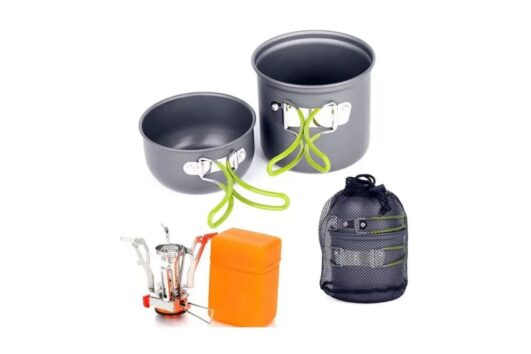 Conjunto de Panelas 2 Pcs Camping + Mini Fogareiro Automático